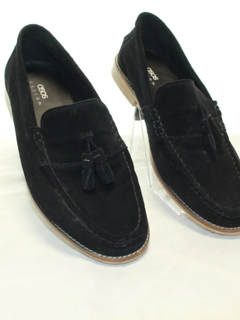 ASOS  Size 11 Black Suede Tassel Slip On Block Heel Moc Toe Classic Loafers